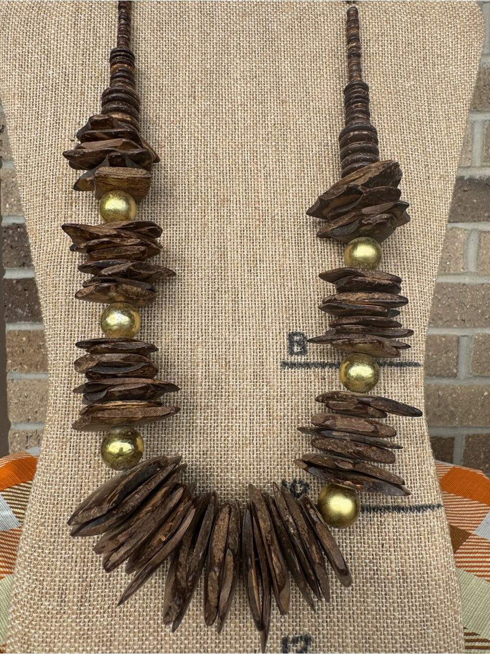Chunky Natural Coconut Shell Slice & Metallic Gold Bead Statement Necklace